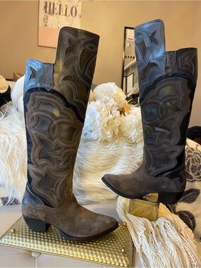 Frye Shane Embroidered Cuff western boots over-the-knee in Charcoal Gray Brown